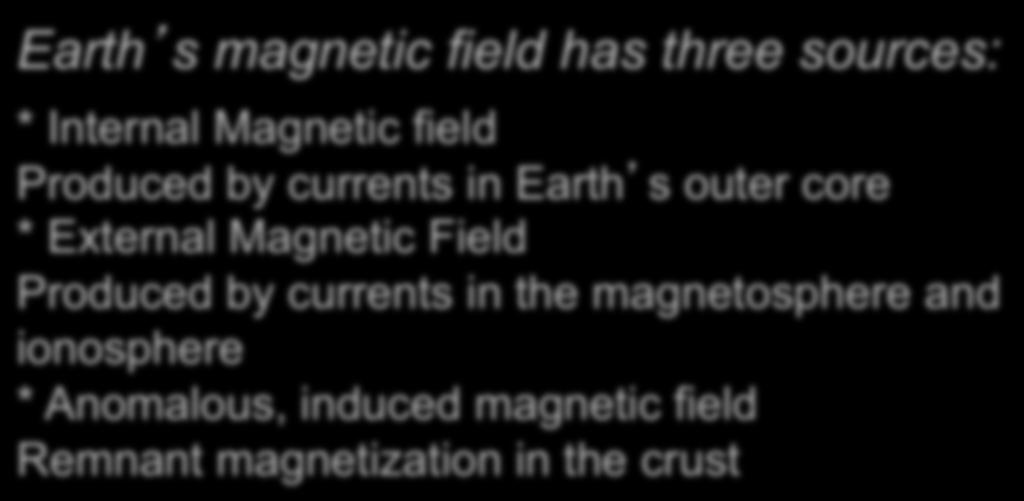 Magnetosphere Earth s magnetic field has three sources: * Internal Magnetic field Produced by currents in Earth s outer core *