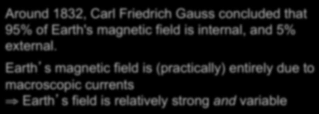 magnetization in the crust Around 1832, Carl Friedrich Gauss concluded that 95% of Earth's magnetic field is internal, and 5%