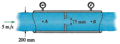 C. Workout Problem (30 points) 1. Water flows through the pipe in Figure 5 at 5 m/s. Between sections A and B, an orifice plate is installed, which has a round hole in its center.