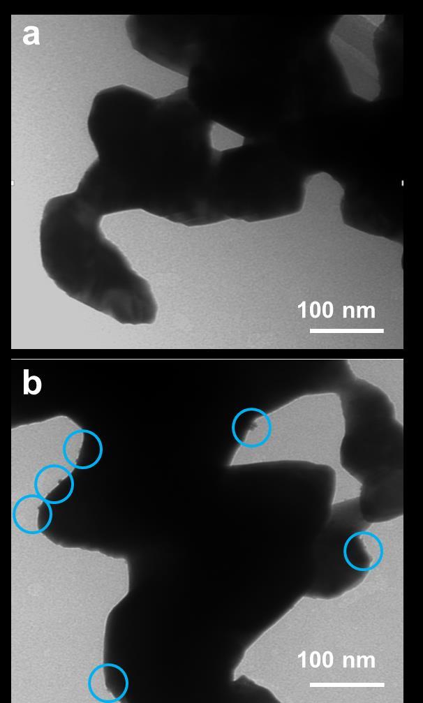 Figure S18. TEM images of (a) commercial Nb 2 O 5 and (b) Pt (0.75 wt %)/Nb 2 O 5.