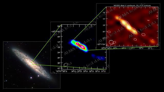 TEST results (11/2010) The spiral galaxy NGC253: left: optical image ALMA test images show dense cloud of gas in