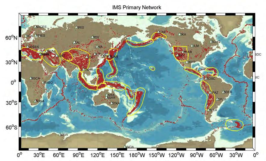 Figure 6. Map of the locations of the 49 IMS primary network stations and the 19 seismic regions selected for travel time residual analysis. Figure 7.