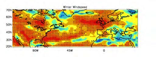 Winter wind speed skill Correlation of ERAI wind speed and