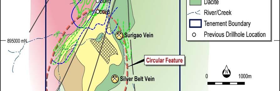 Figure 2: Geological map of the Lingig area Epithermal veins up to 1 metre wide are generally gold poor and relatively base metal enriched. They have been worked sporadically by local prospectors.