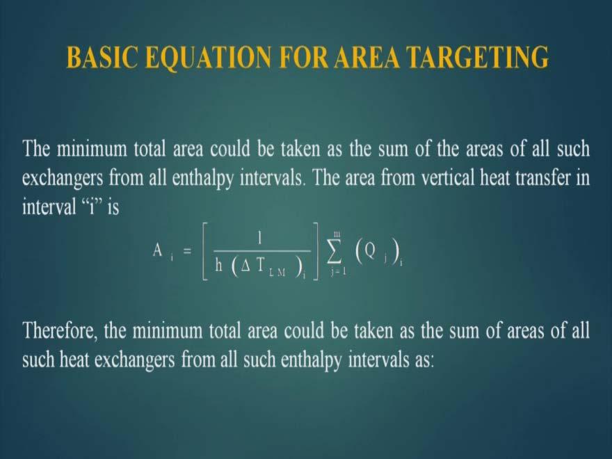 (Refer Slide Time: 09:20) Now then the minimum total area could be taken as the sum of the areas of all such exchangers from all enthalpy intervals.