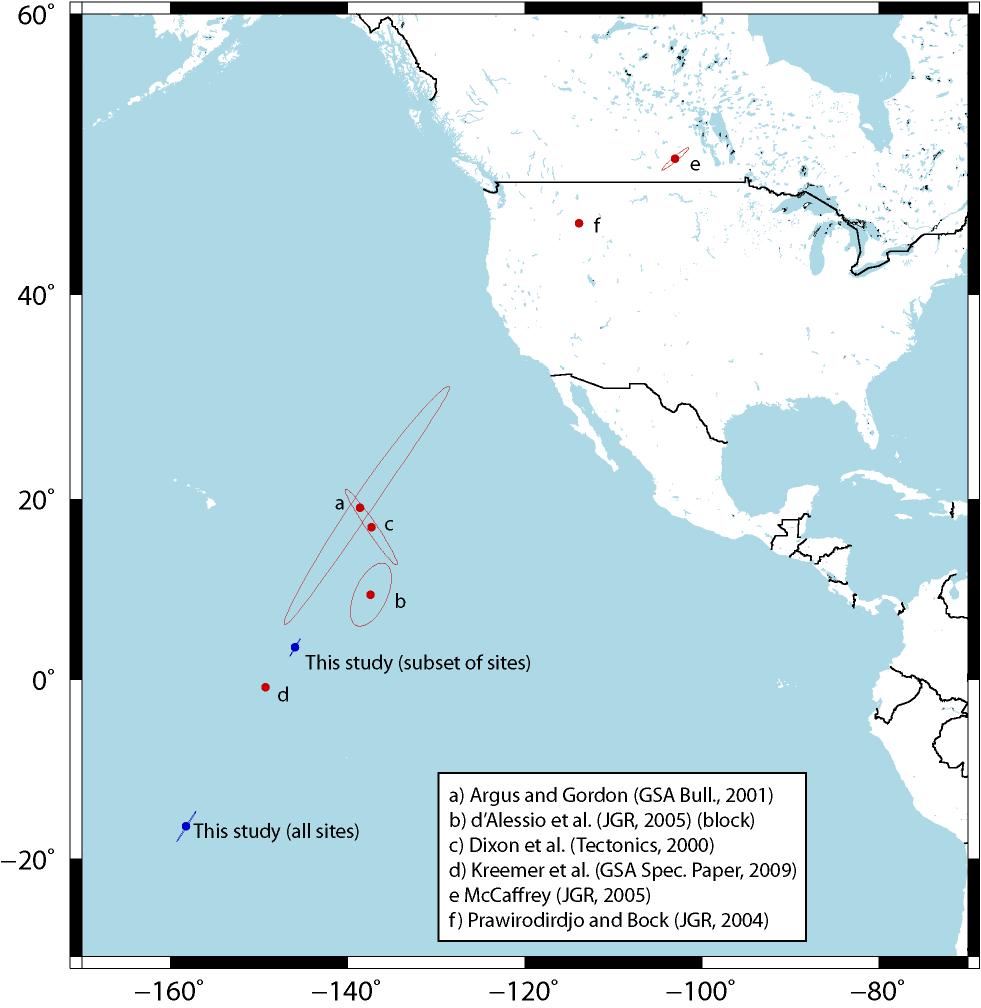 SNGV-Pacific Range of locations for estimated poles from full block models (this study) SNGV-Pacific pole shows more similarity with