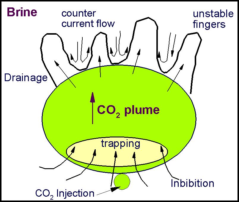 Figure 1: Sketch of the CO 2 plume during the initial injection period into a brine aquifer. At the top boundary, the plume is unstably stratified because the brine is heavier than injected CO 2.