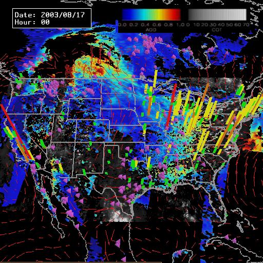 5 mass concentration and the air quality index, providing a pseudo-synoptic view of aerosol events across North America for the previous three days.