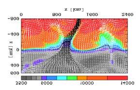 Figure 2.4 Dynamics of magnetic flux elements. Numerical simulations predict how magnetic flux tubes dynamically interact with convection to produce, e.g., MHD waves and shocks that are likely to contribute to the heating of the upper atmosphere.