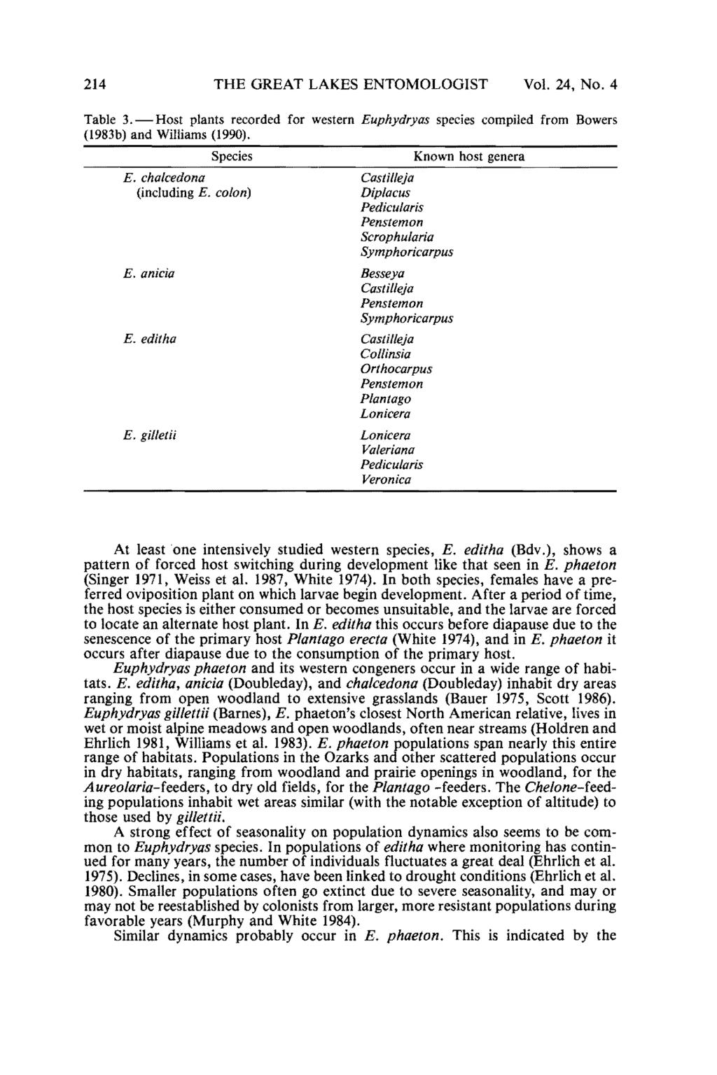 The Great Lakes Entomologist, Vol. 24, No. 4 [1991], Art. 1 214 THE GREAT LAKES ENTOMOLOGIST Vol. 24, No.4 Table 3.