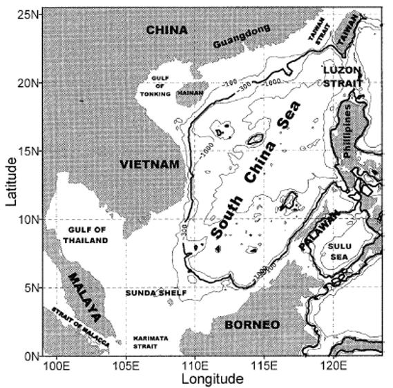 Fig. 2. Dynamic height (unit: m 2 s 2, 10) in winter (a) and in summer (b) (adopted from Xu et al., 1982). Fig. 1. Bathymetry of the South China Sea.