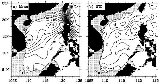 Fig. 5. (a) Annual mean and (b) standard deviation (STD) of depth-integrated (0 400 m) dynamic height (m 2 ) Contour intervals are 2 m 2 in (a) and 1 m 2 in (b).