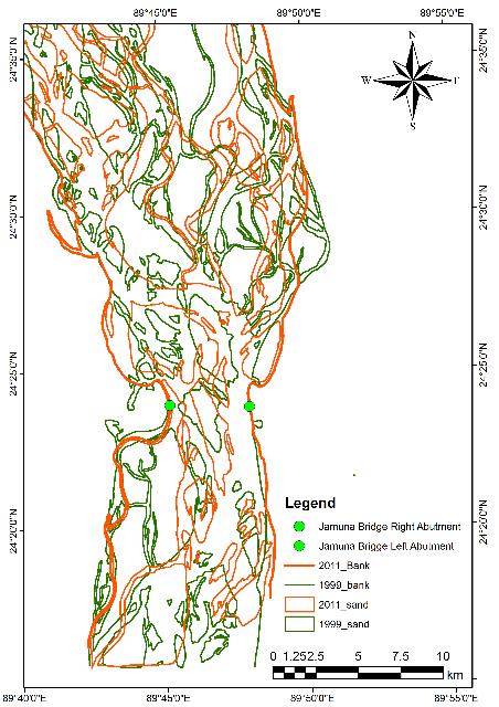 (A) Analysis of annual and temporal changes along the Study reach (a) (b) (c) (d) (e) (f) Figure 5: Annual and temporal changes along Jamuna River before and after construction of Jamuna Bridge.