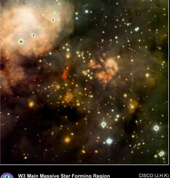 "W3 is a Giant Molecular Cloud which lies around 6200 light years away in one of the spiral arms of our Galaxy. W3 Main is a region where many massive stars are being born.