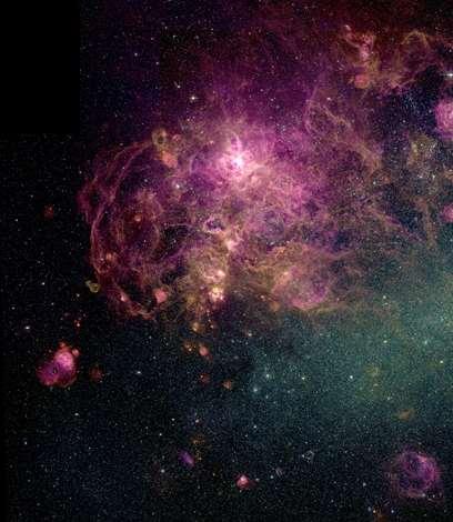 The Tarantula Nebula (also known as 30 Doradus, or NGC 2070) in the Large Magellanic Cloud (LMC). The Tarantula Nebula has an apparent magnitude of 8.