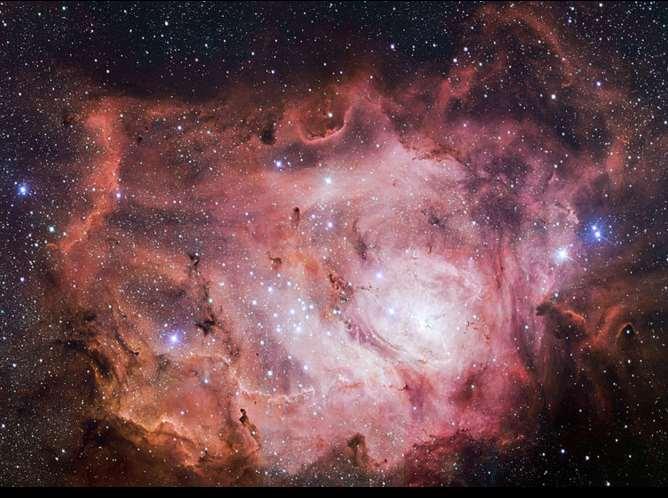 Lagoon Nebula(catalogued as Messier 8 or M8, and as NGC 6523) is a giant interstellar cloud in theconstellation Sagittarius. It is classified as an emission nebula and as a H II region.