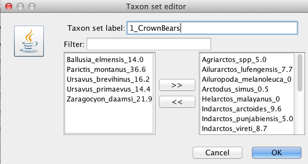 Figure 21: The Taxon set editor used to create the clade containing the crown bear species. 22). 2) Pandas Agriarctos_spp_5.0 Ailurarctos_lufengensis_7.