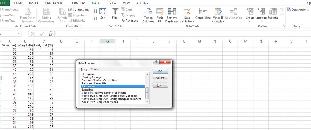 Textbook Body Fat Example: Using Excel Data Analysis