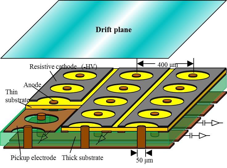 Figure 1: Schematic structure of µ-pic with resistive cathode. Cathodes are made from resistive material (surface resistivity is a few MΩ/sq.).