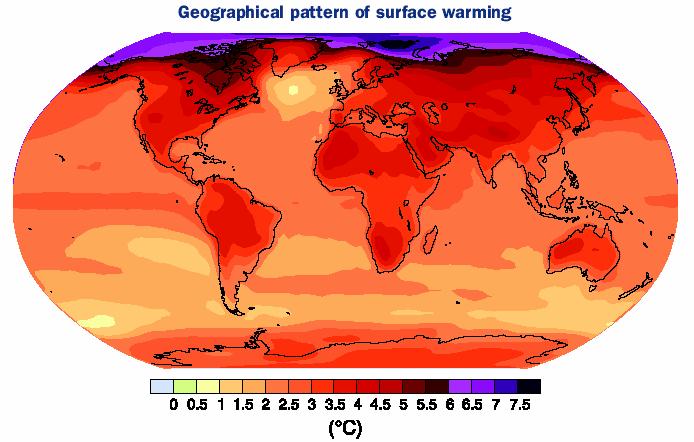 Multimodel average surface air warming A2-BL (future-present) IPCC 2007 Warming