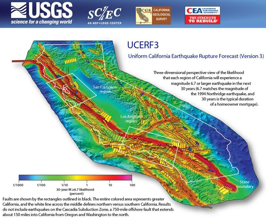 Long-Term Earthquake Forecast for CA Third Uniform California Earthquake Rupture Forecast (UCERF3) Revises estimates for CA having large earthquakes over the next several decades: Estimated rate of