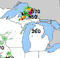 CHAPTER TWO METEOROLOGY FLIGHT PLANNING Tops and Movement The intense cell over Lake Superior has a cloud echo top of 57,000 MSL and is moving to the northeast at 60 knots.