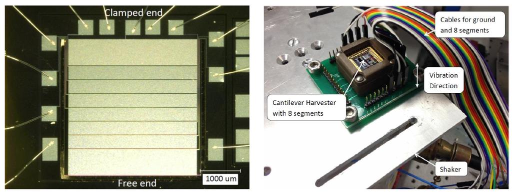 Figure 4. Microscopic view of MEMS cantilever with 8 regions (left) and the experiment setup (right) Table 1.