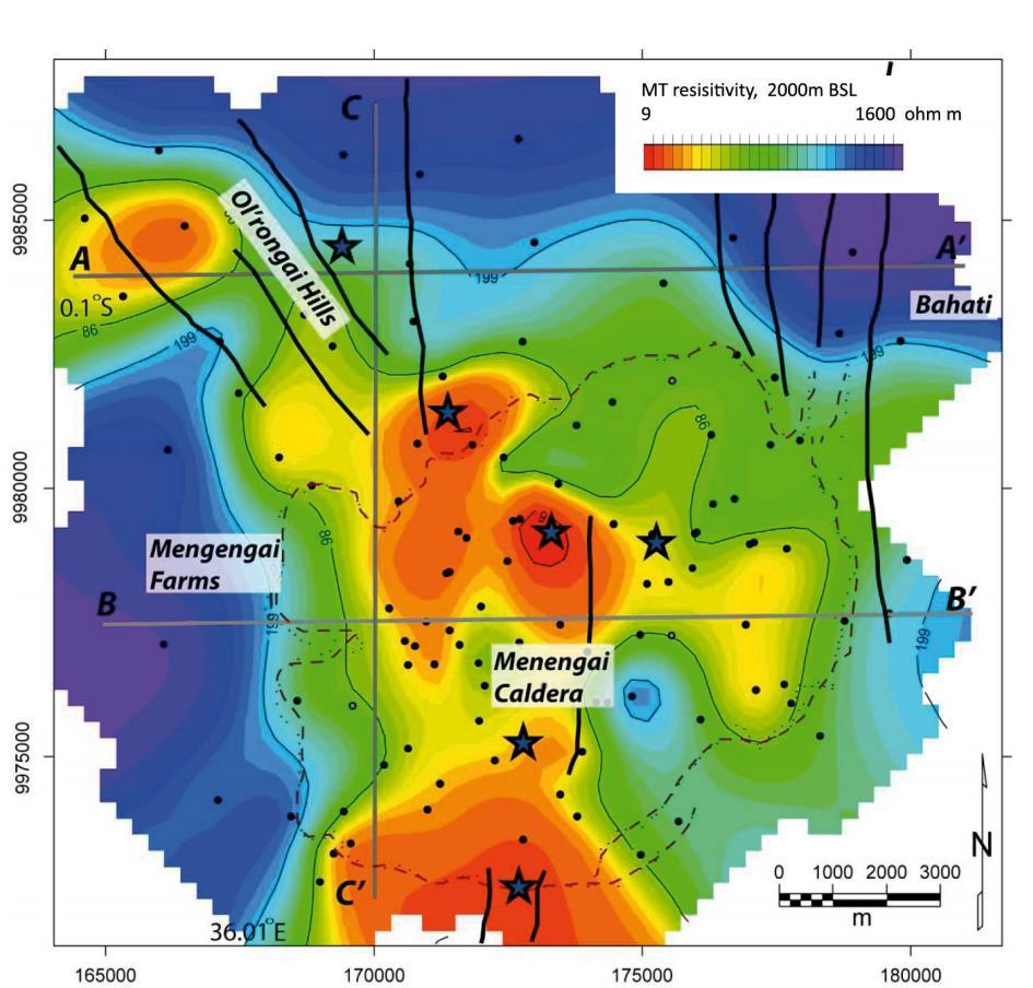 resistivity further confirms the possibility of a heat source beneath the Menengai caldera.the resistivity within the caldera at this point is less than 5 Ωm.