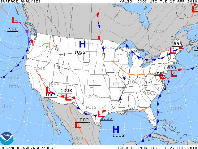 Surface Analysis Charts Shows areas of high and low pressure Shows Temperatures and