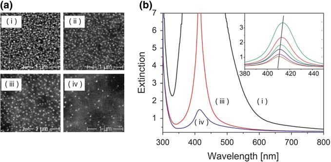 14 2 Optical Properties of Nanocomposites Containing Metal Nanoparticles Fig. 2.8 a SEM images of etched samples showing Ag nanoparticles (volume fill factor: i 0.01, ii 0.006, iii 0.004, iv 0.001).