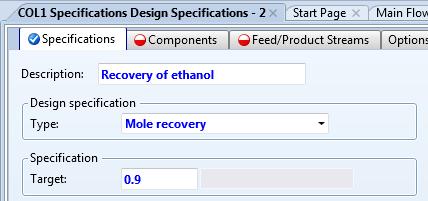 In the Feed/Products tab, select the distillate (D1) as the target stream. 4.15.