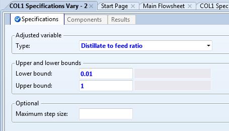 Click on the Vary folder again, click on New. Select Distillate to feed ratio as the Type and enter reasonable bounds.