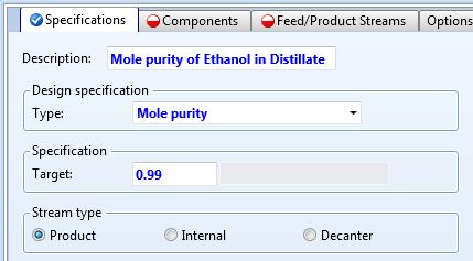 The two specs are 99 mol-% ethanol in the bottoms, and 80mol-% ethanol in the distillate.