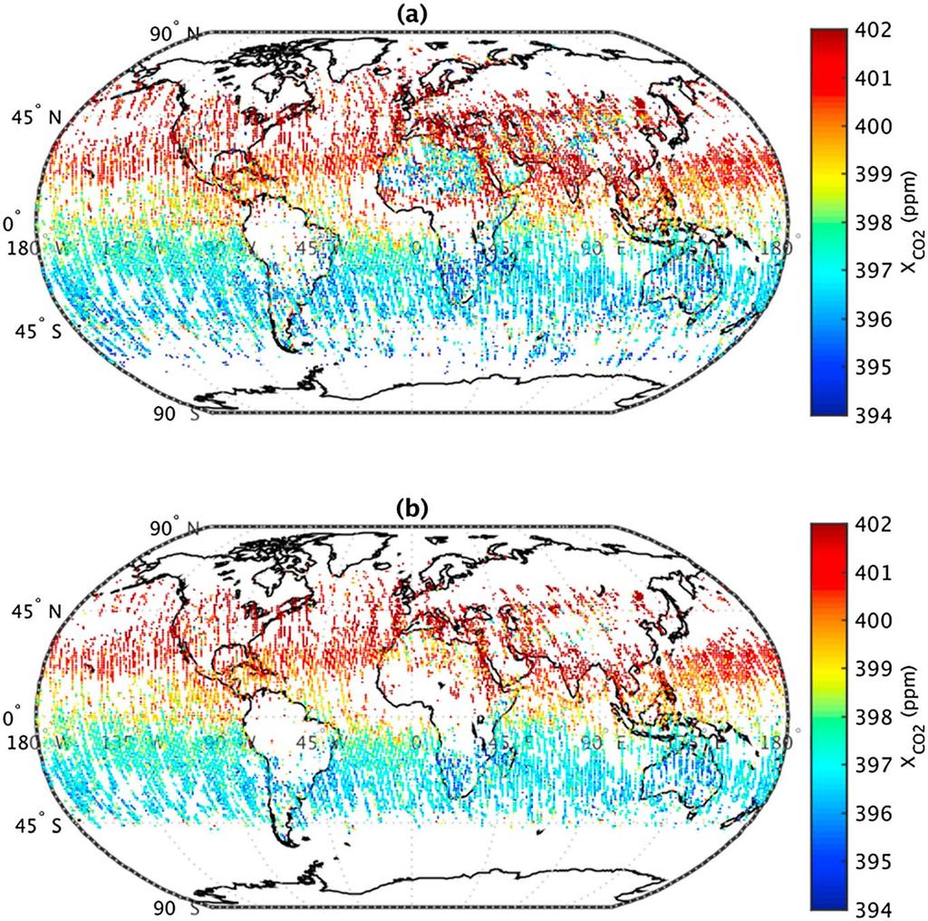 Figure 1. Global map of OCO 2 X CO2 retrieval in April 215. (a) All the data points are displayed.