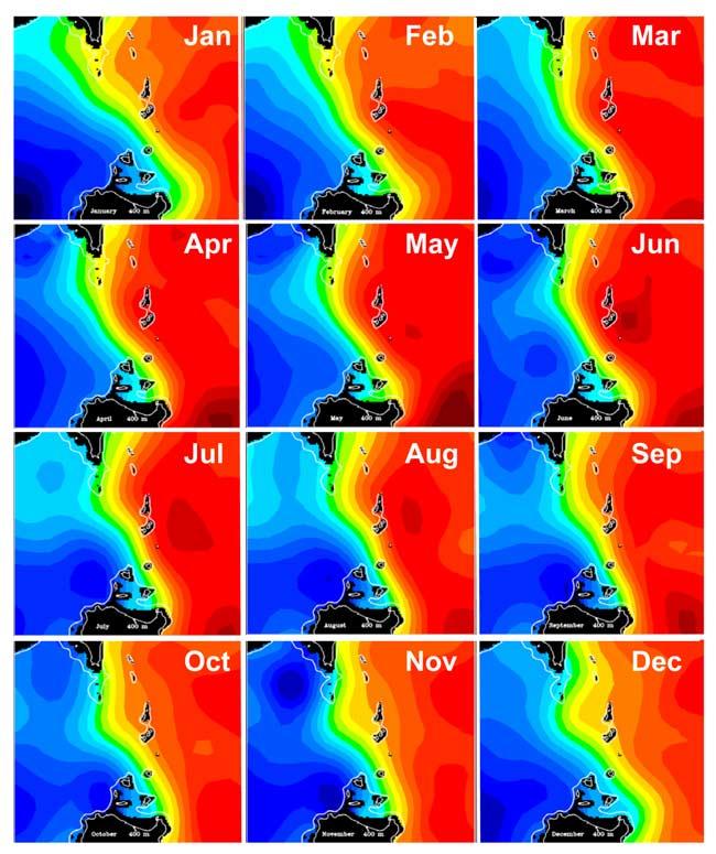 Figure 8. Monthly mean buoyancy frequency at 400 m in the Luzon Strait. The color varies progressively from dark blue at 3.5 cycles h 1 (0.0061 rad s 1 ) to dark red at 4.5 cycles h 1 (0.0079 rad s 1 ).