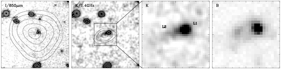 Sub-mm galaxies SCUBA positions good to ~15 making optical identification difficult. Counterparts identified in radio with VLA (1.4 GHz, 1 ) and then in optical.