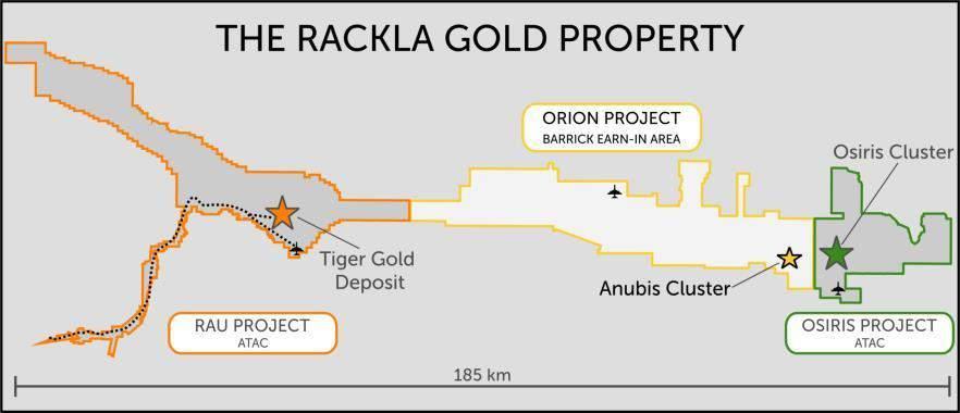 THE RACKLA GOLD PROPERTY The Rackla Gold Property is ~1,700 km² and is comprised of three separate projects: the Osiris (100% ATAC), the Orion (under option to Barrick) and the Rau (100% ATAC) The