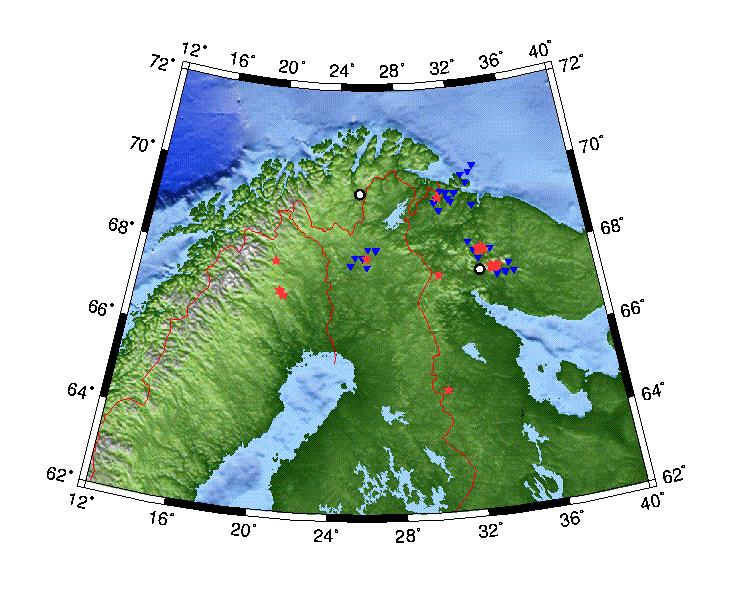 Figure 2. The map shows the 651 automatically located events (GBF) for which either the ARCES seismic array or the Apatity infrasound array observed infrasound signals.