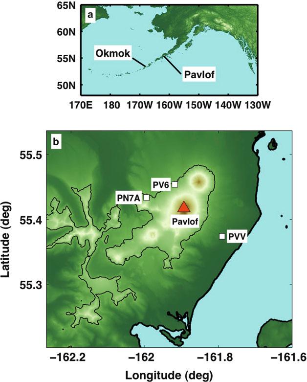 these volcanoes within the Aleutian Arc are given in Fig. 1a. The seismic stations at Pavlof and Okmok discussed in the following sections are shown in Figs. 1b and 2, respectively.