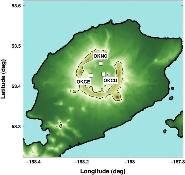 Fig. 2 Local map of Okmok volcano and the seismic stations in the monitoring network analyzed in this entry.