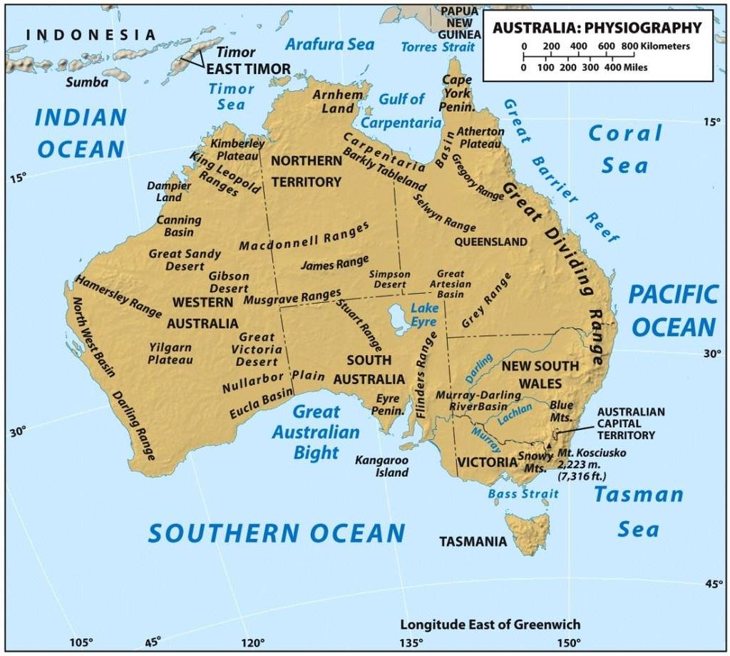 Land and Environment Physiographic contrasts related to tectonics: Australia at the center of its own tectonic plate: Tectonic stability Little difference