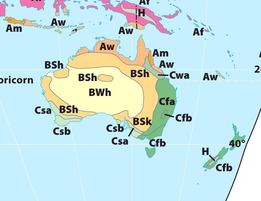 Land and Environment: Climates Australia s varied climates: Latitudinal position: Tropical in the north Eastern humid temperate Interior isolation: