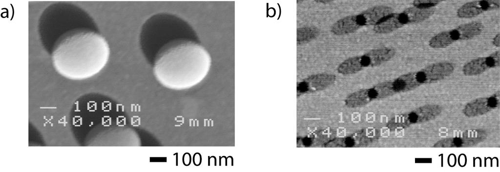 Figure 3.2 SEM images of a) Au mask supported on a polymer film, deposited from an angle 45 from the surface normal, before tape stripping away the 190 nm diameter nanospheres.