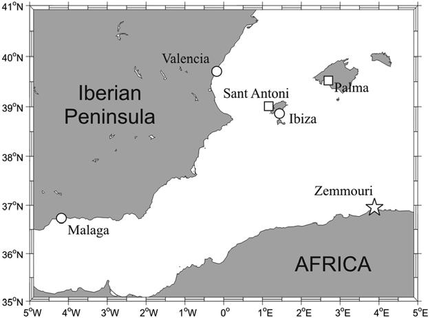 Figure 1. Zone of interest of the Western Mediterranean. The star denotes the epicenter location (Zemmouri) of the 21 May 2003 earthquake that produced the tsunami.