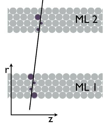Figure 3. Portion of a muon spectrometer barrel chamber (BIL) with two four-layer multilayers. The drift circles are shown in dark gray and the charged particle trajectory is shown as the black line.