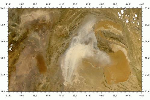 Figure 2. SeaWiFS visible imagery for May 18, 2001, showing a dust storm originating at dry lakes along the Iran-Afghanistan border and then traveling south into Pakistan.