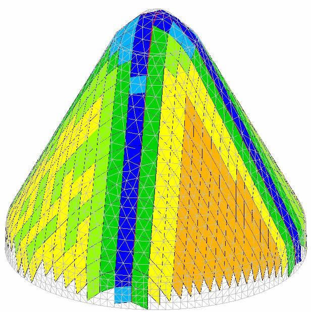 179 Figure 5.17: A simulation of a cone draped with EBXhd-936at a blank-holder force of 126N and a randomised spacing with a standard deviation of 0.1% of fibre spacing. 5.3.3.2 Varying fibre angle Varying fibre spacing has limited applicability.