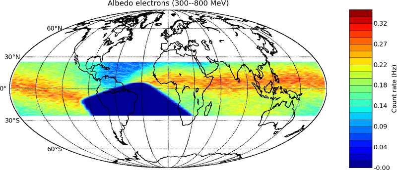 4 M.PESCE-ROLLINS et al. CR ELECTRONS BELOW 20 GEV Fig. 3. Distribution of the secondary electrons (300 MeV < E < 800 MeV) mapped over the globe.