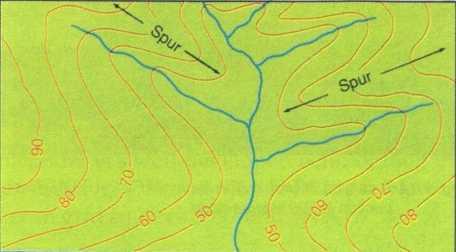 Some obvious ways of distinguishing relief A spur with the U or V pointing away from high ground Mountain More than 600 m