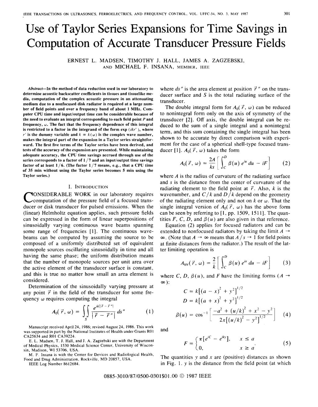 IEEE TRANSACTIONS ULTRASONICS, FERROELECTRICS, AND FREQUENCY CONTROL. VOL. UFFC-34, NO.